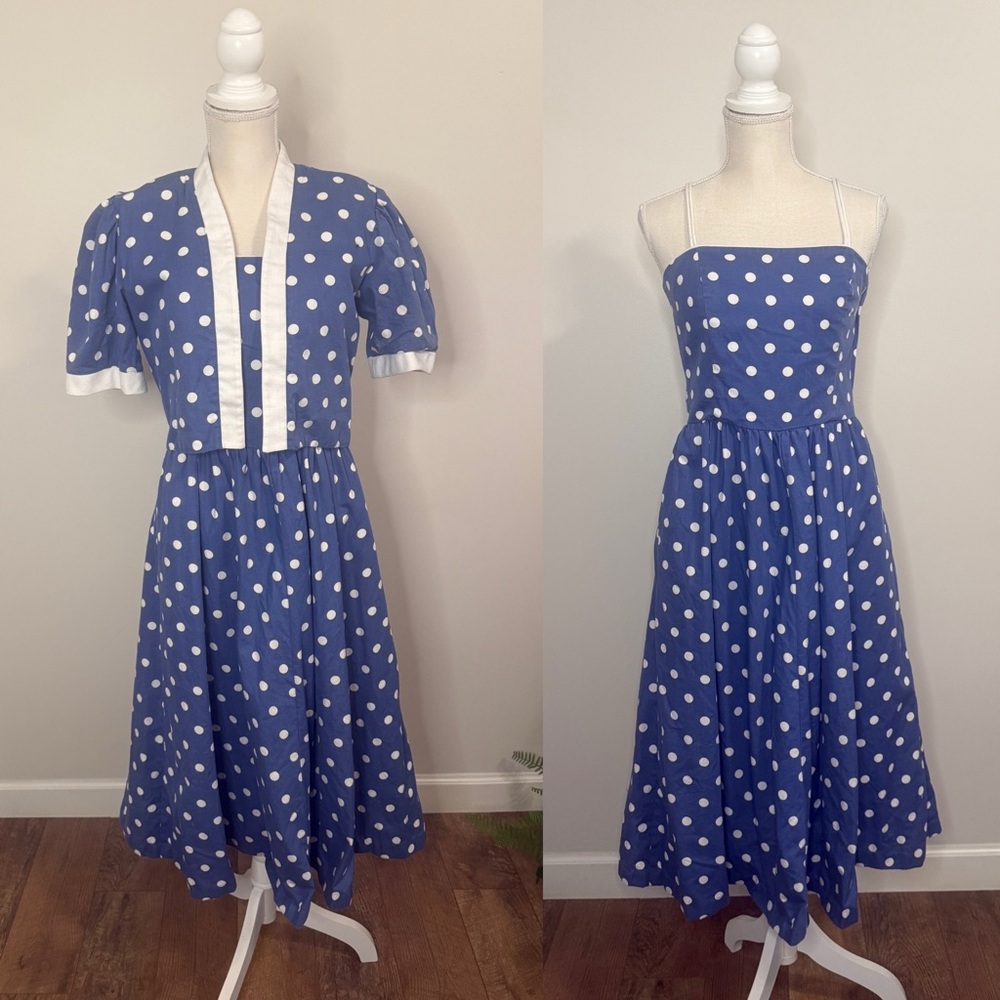 Vtg Lanz Blue Cotton Fit & Flare Dress White Polkadots w/ Matching Shrug Sz 10